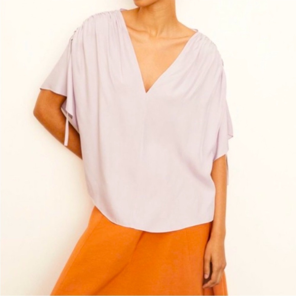 Vince NWT Ruched Flutter Sleeve Blouse in Violetta SILK Blend Sz S